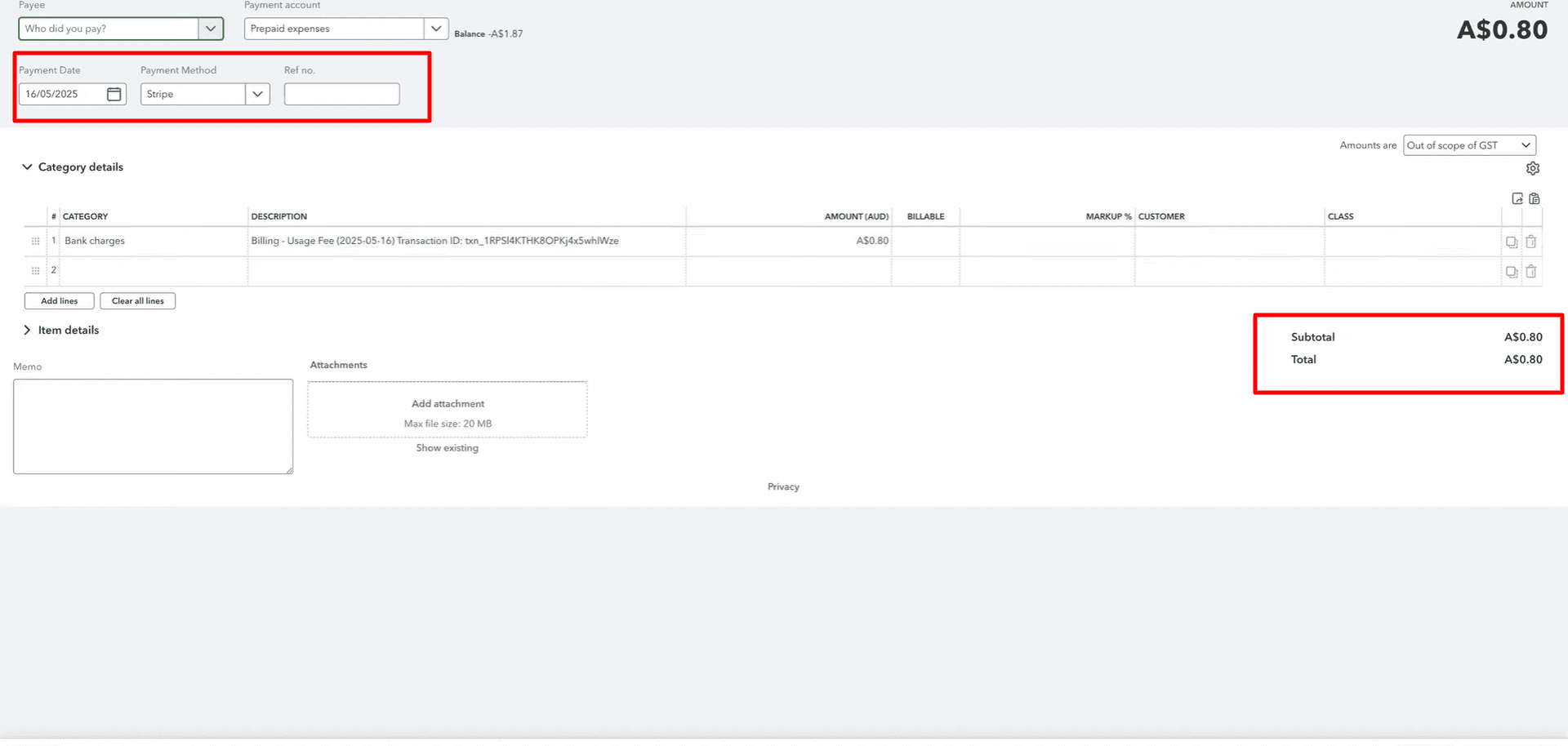 Expense Created in QuickBooks for Stripe Fees.png