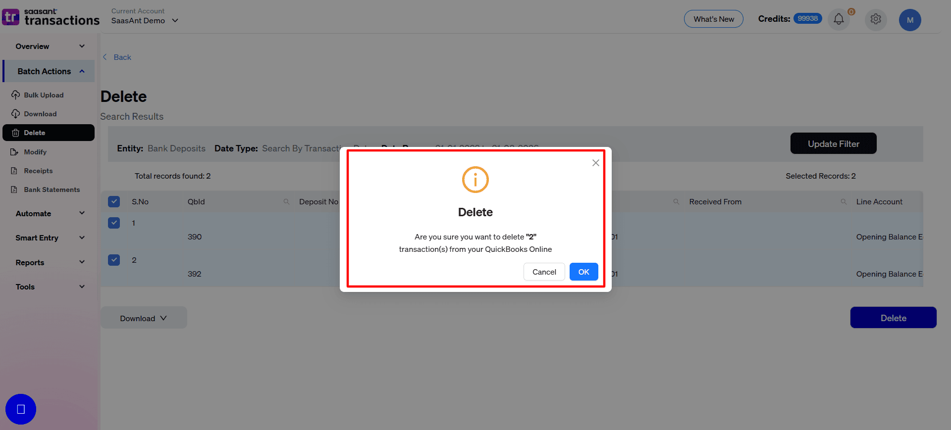 Confirm Delete Bank Deposits in SaasAnt Transactions Online.png