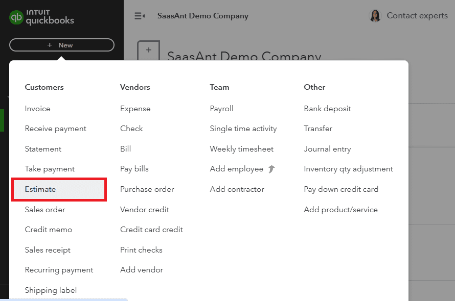select estimate in quickbooks online to create