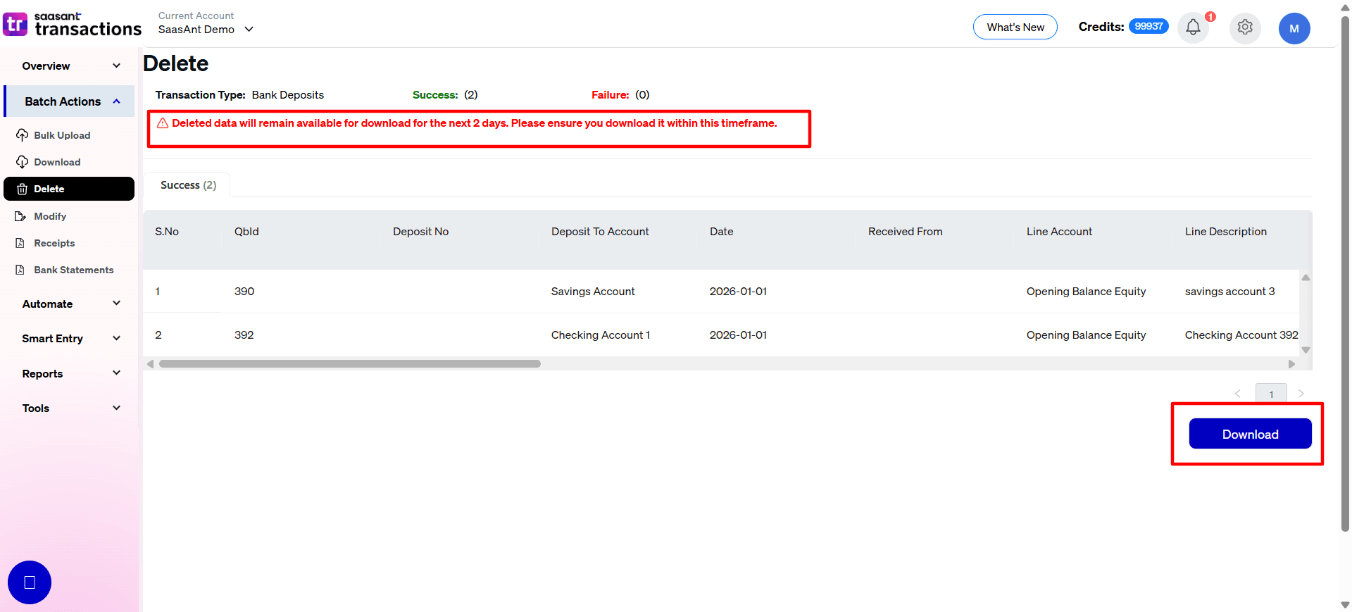 Delete Data in Bank Deposits in SaasAnt Transactions Online.png
