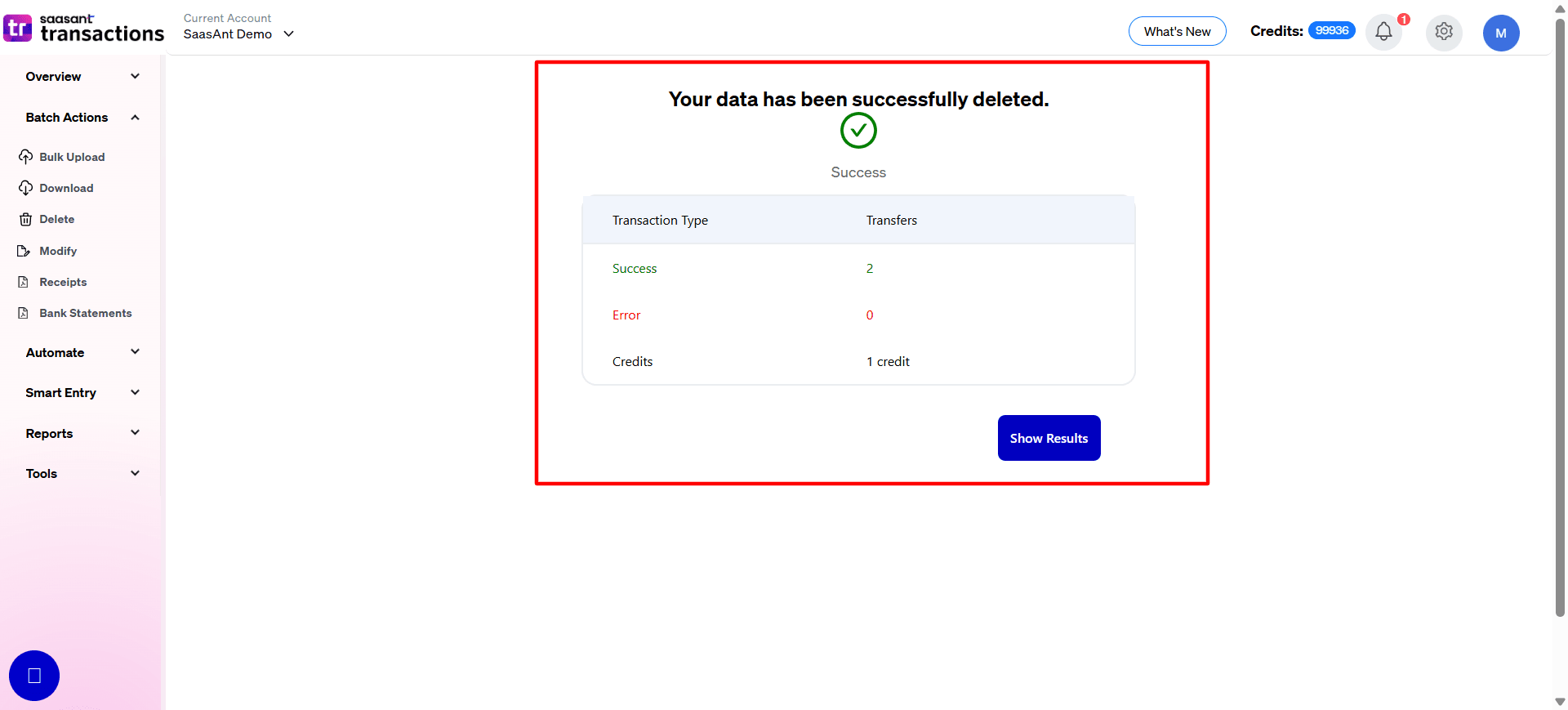 Delete Transfers successfully in SaasAnt Transactions Online.png