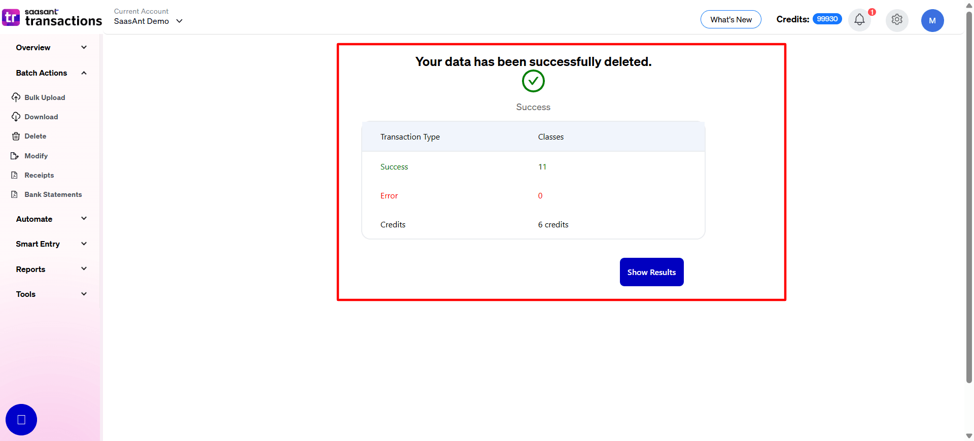 Delete class successfully in SaasAnt Transactions Online.png