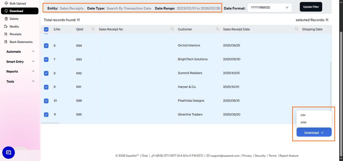Download Sales Receipts in Saasant transactions online either excel or csv.png