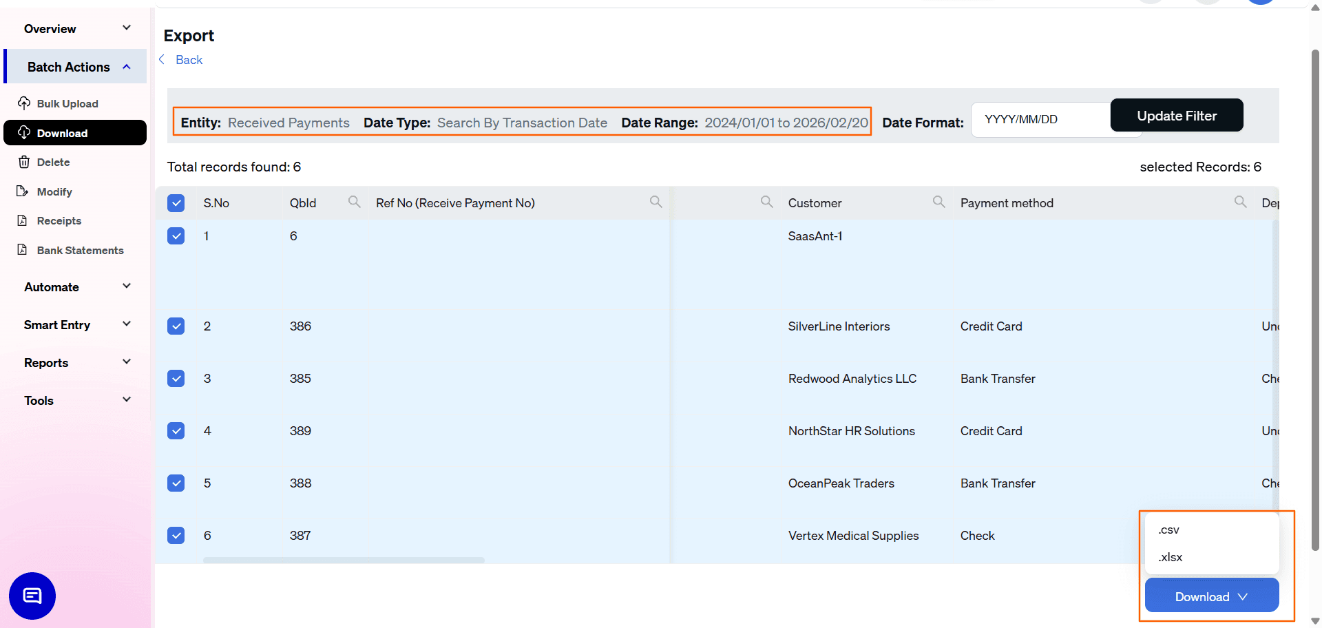 Export Received Payment from SaasAnt Transactions Online excel or csv.png