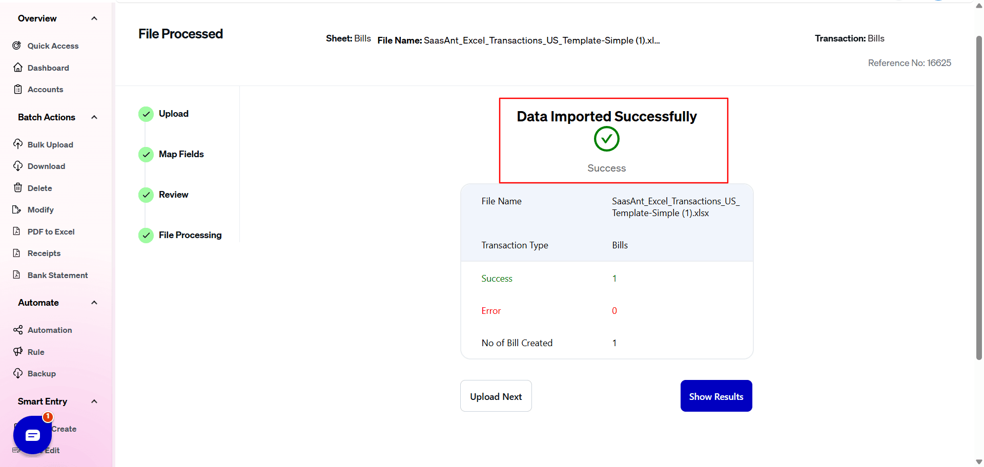 Import bills Success - SaasAnt Transactions.png