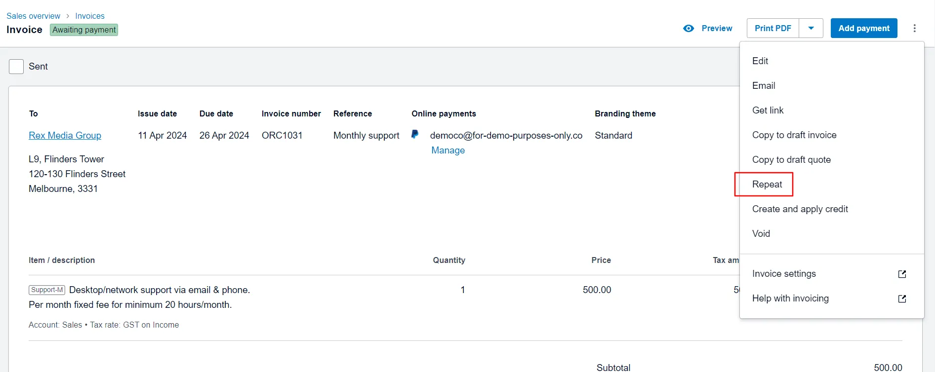 Invoicing-Xero repeat an existing invoice.webp