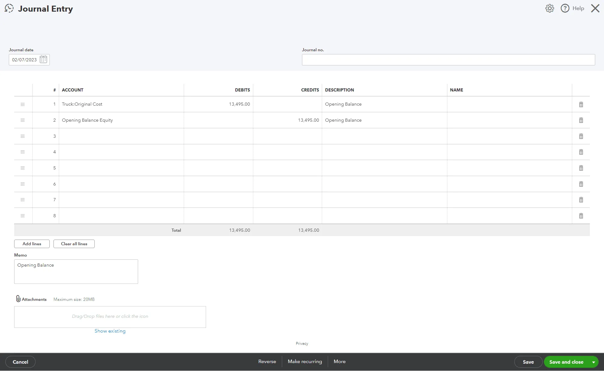 Journal Entry Example in QuickBooks Online