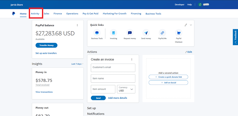 PayPal Activity Menu