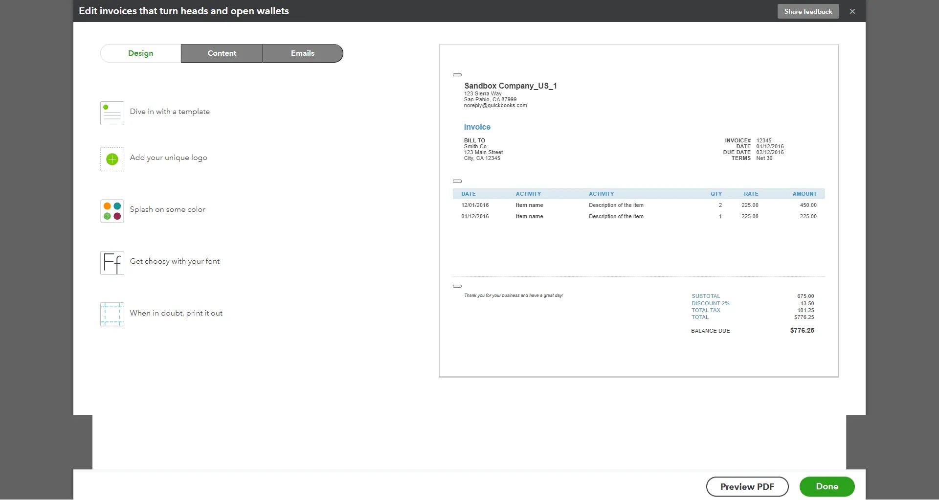 QuickBooks edit invoice templates