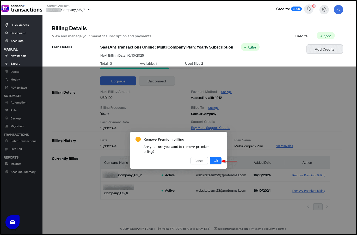 Remove Billing SaasAnt Transactions