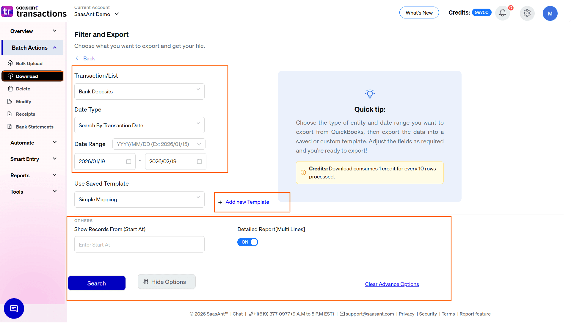 Select Bank Deposits for Exporting Data using SaasAnt Transactions Online.png