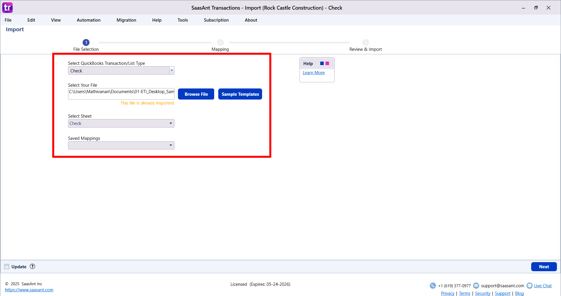 Select Checks File Browse - SaasAnt Transactions Desktop.png