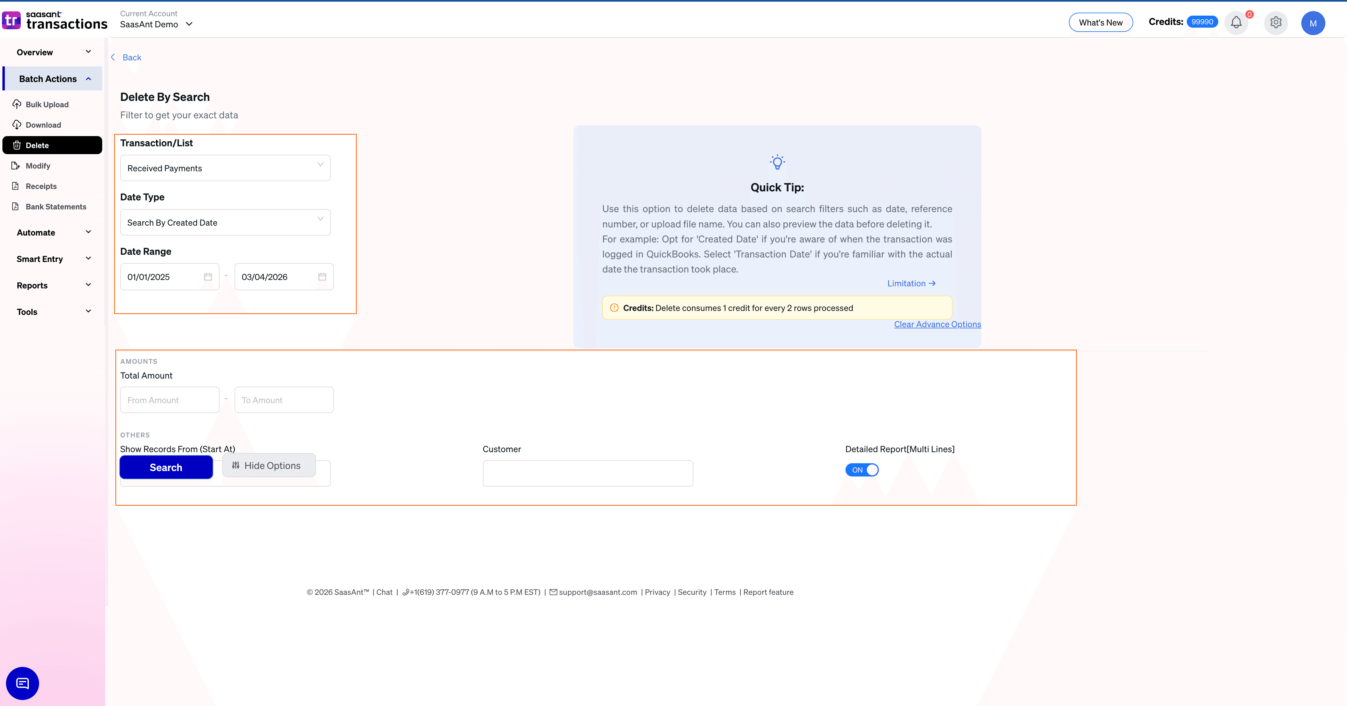 Select Received Payments for Delete in SaasAnt Transactions Online.png