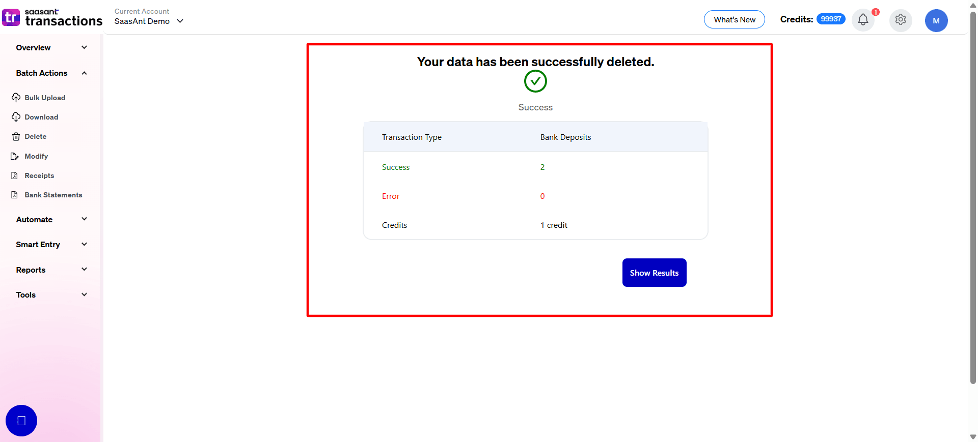 Successfull Bank Deposits in SaasAnt Transactions Online.png