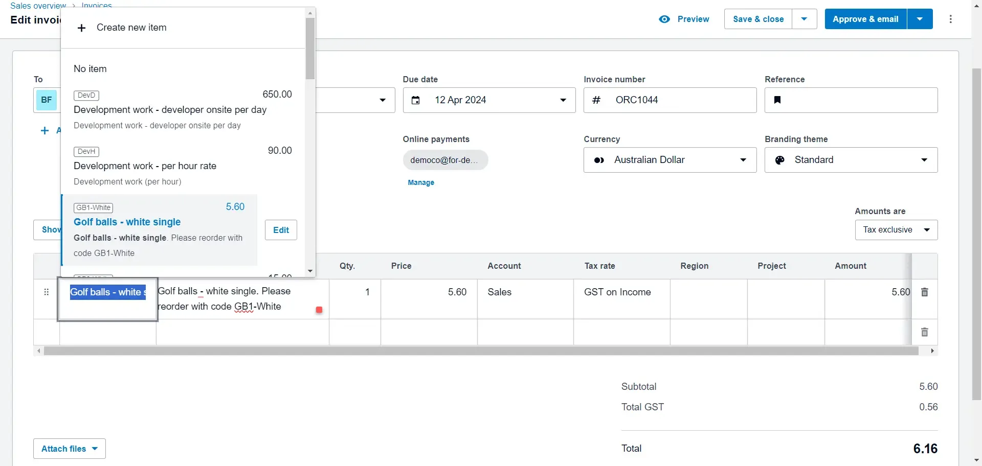 Xero create new invoice add items from inventory.webp