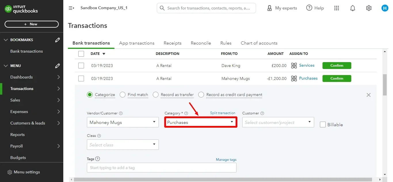 Bank Transactions Purchases QuickBooks Online