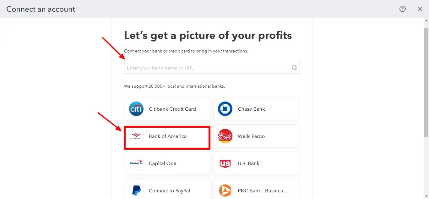 Choose Bank to Connect QuickBooks Online