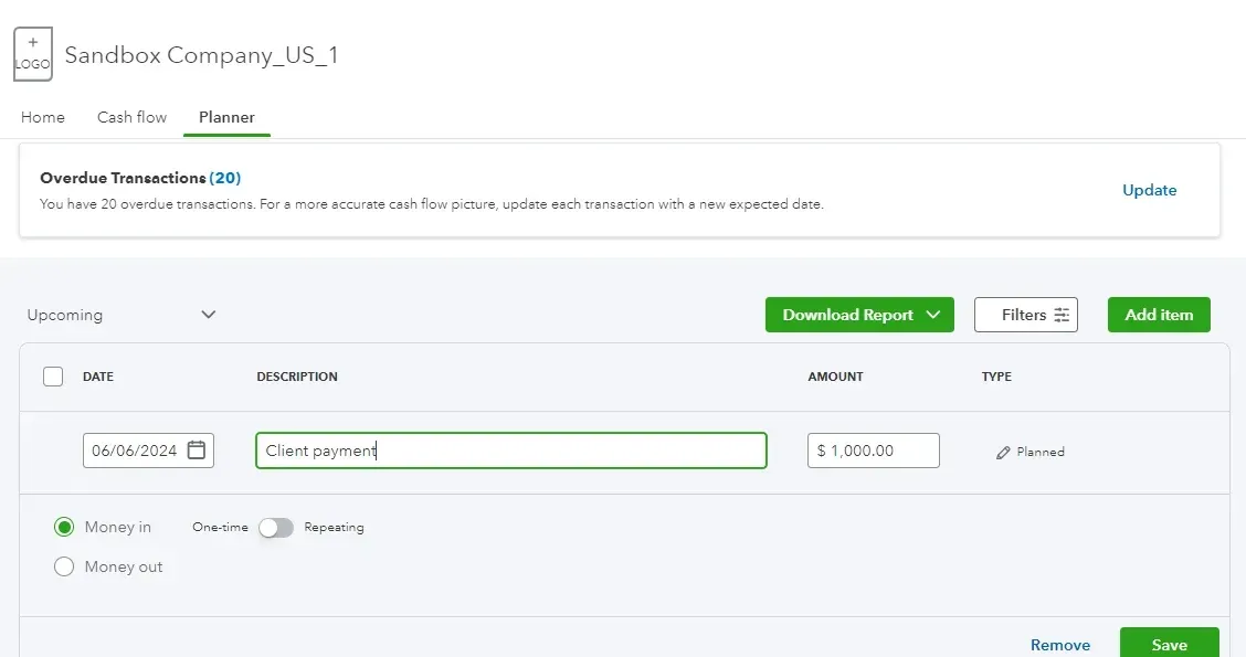 Cashflow Statement in QuickBooks