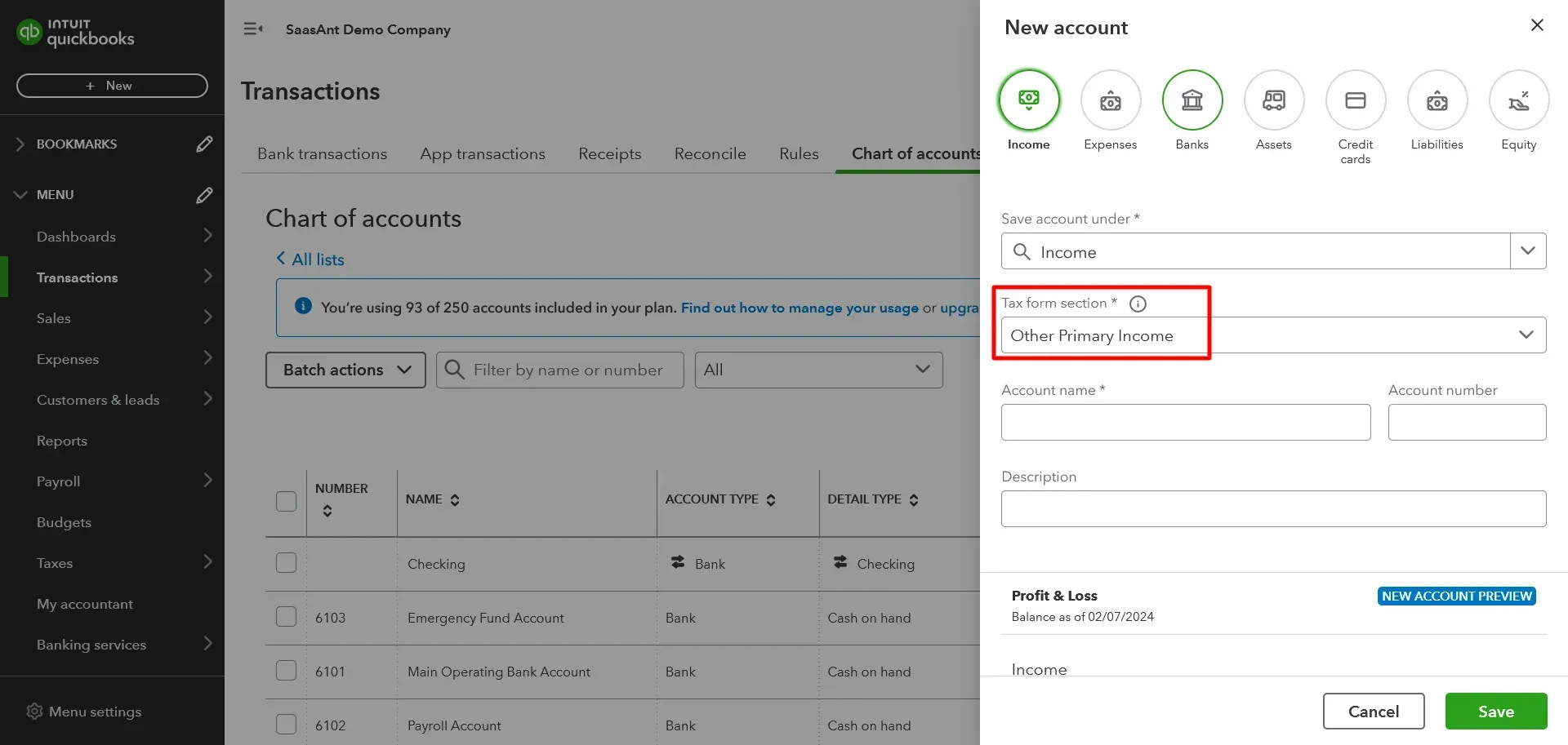 Primary Income Tax Chart of Accounts QuickBooks Online