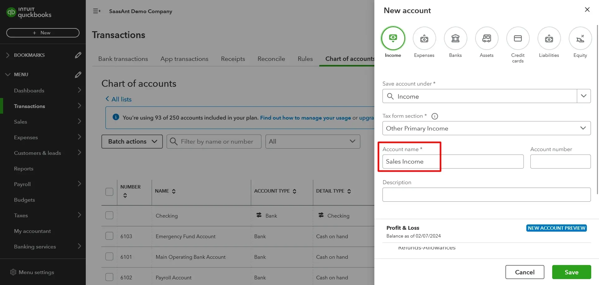 Name the account Chart of Accounts QuickBooks online