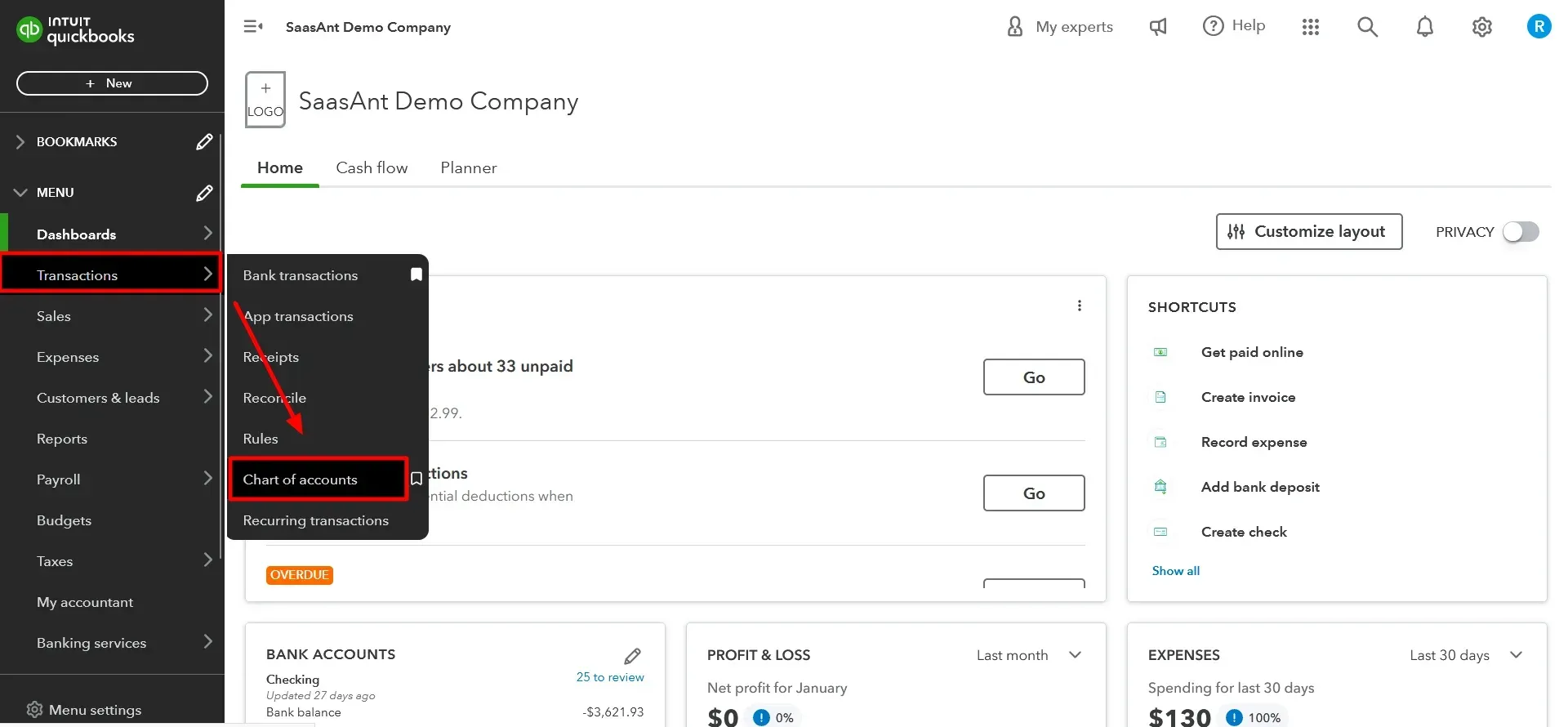 Select Chart of Accounts - QuickBooks