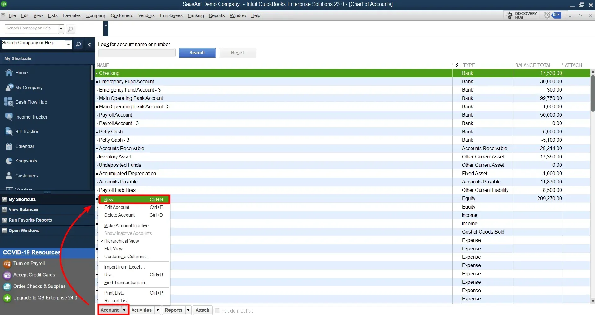 New Account Chart of Accounts QuickBooks Desktop