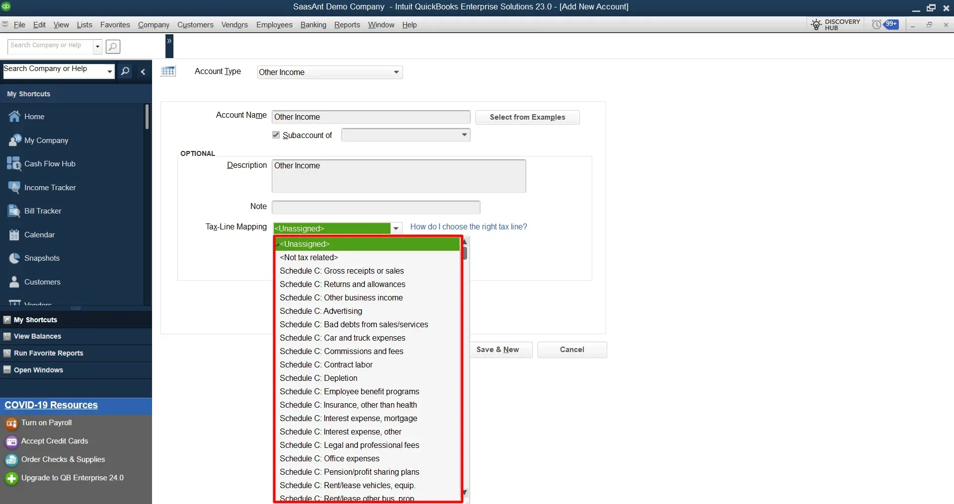 Choose the appropriate tax-line mapping for the account - Chart of Accounts QuickBooks Desktop
