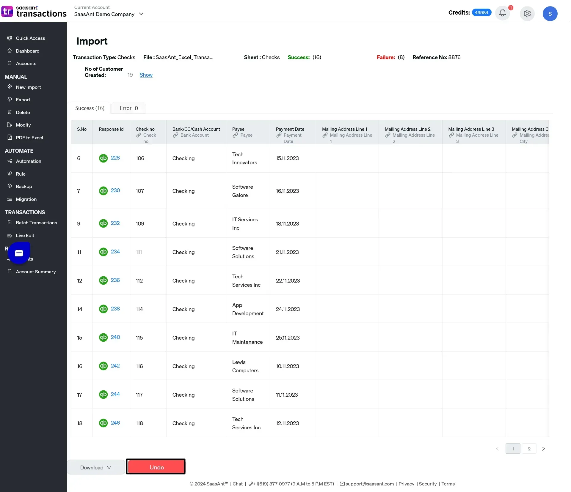 RollBack Imported Checks in QuickBooks