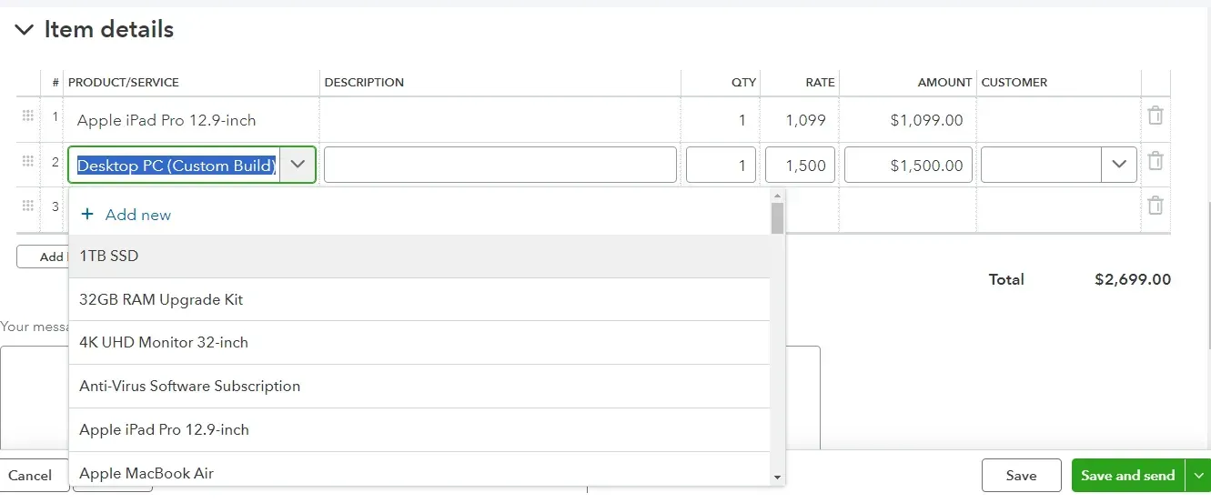 enter the product details for the purchase order