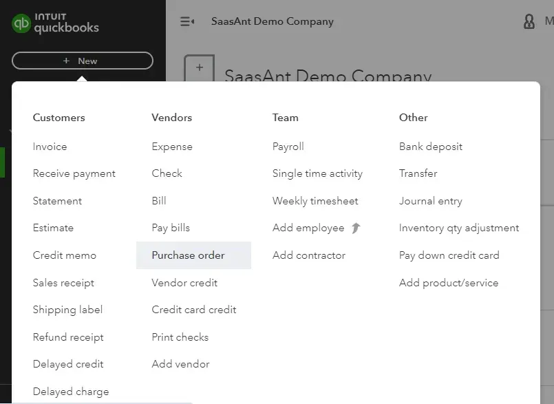 create purchase order in QB