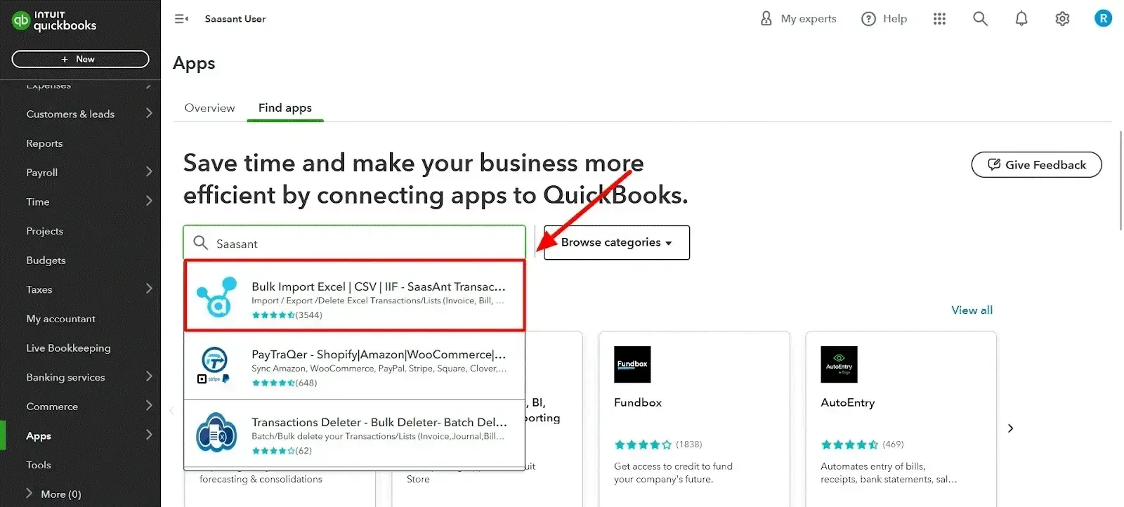 Search SaasAnt Transactions in QuickBooks App Store