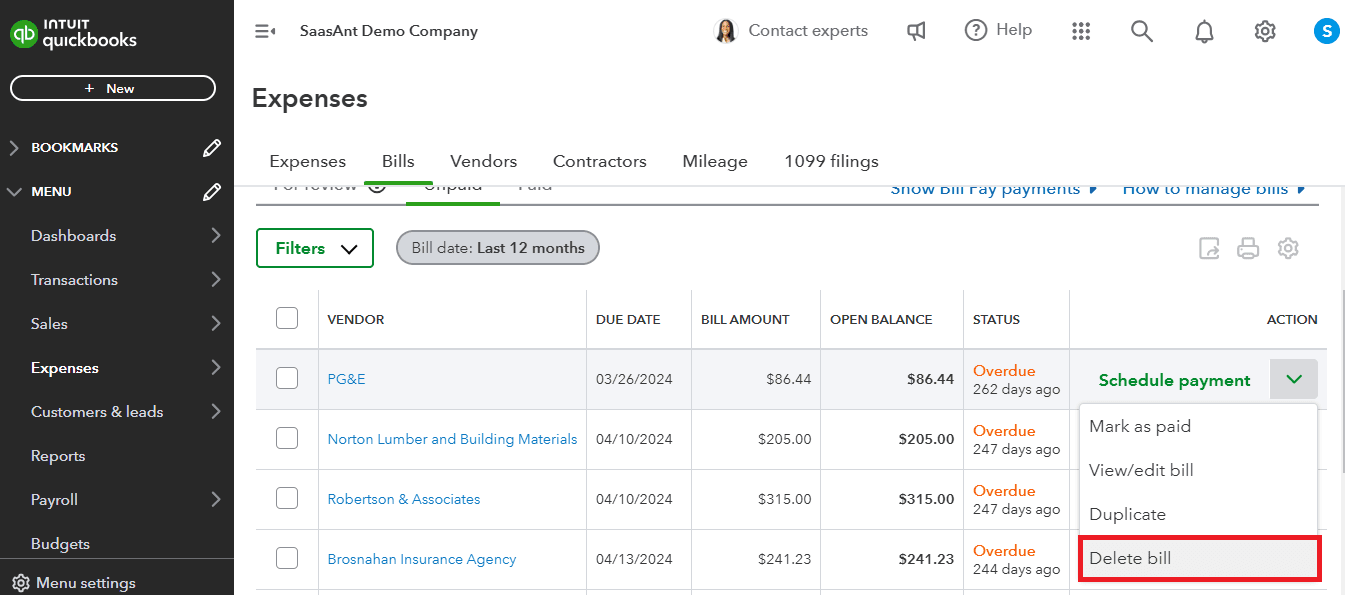 delete bill in quickbooks online