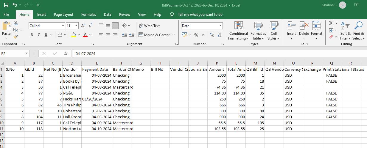 downloaded data for editing bill payments