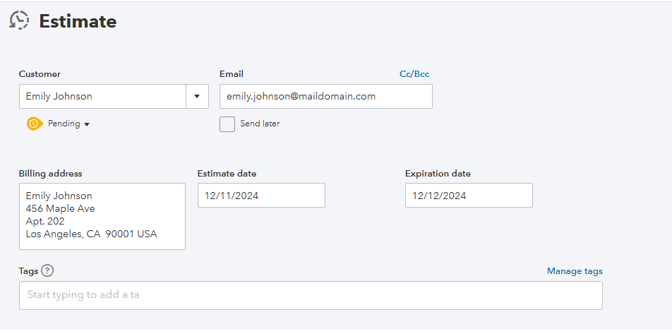 enter the customer details to create estimate