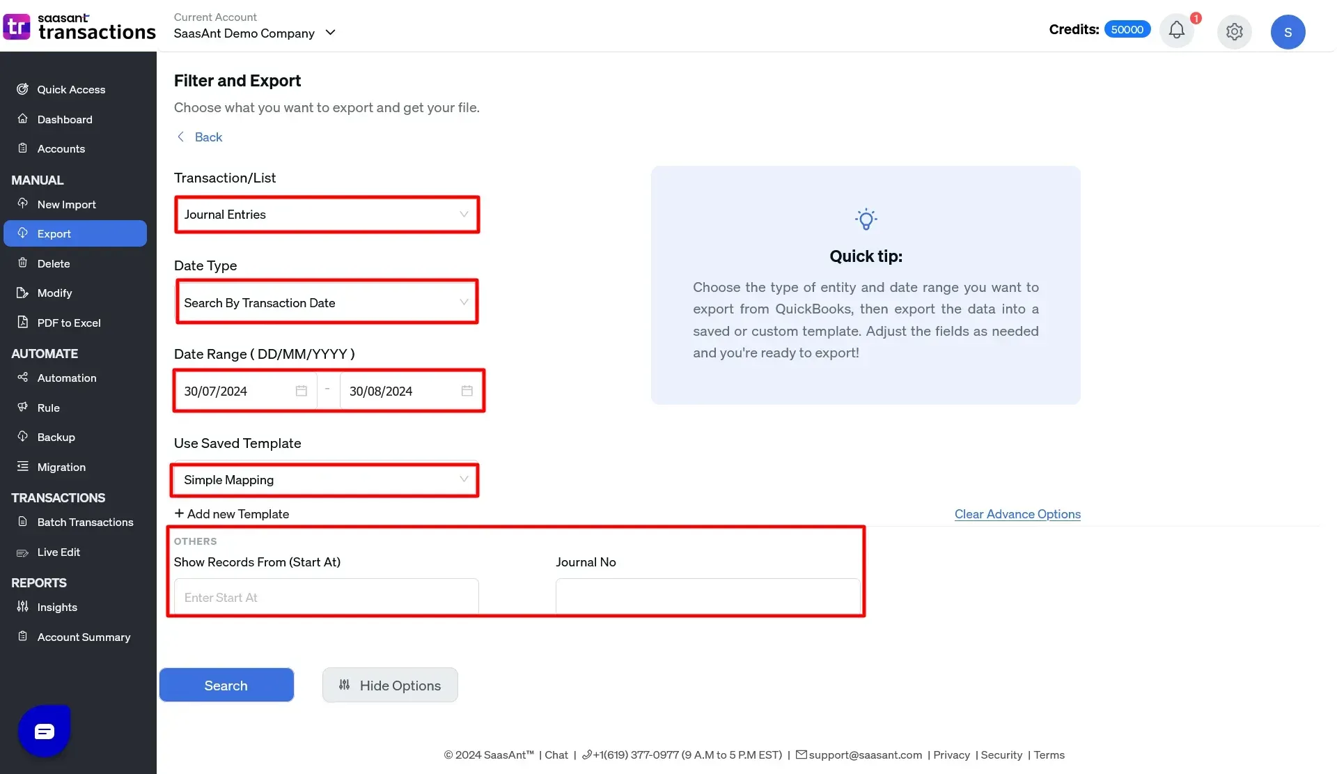 filter and export transactions