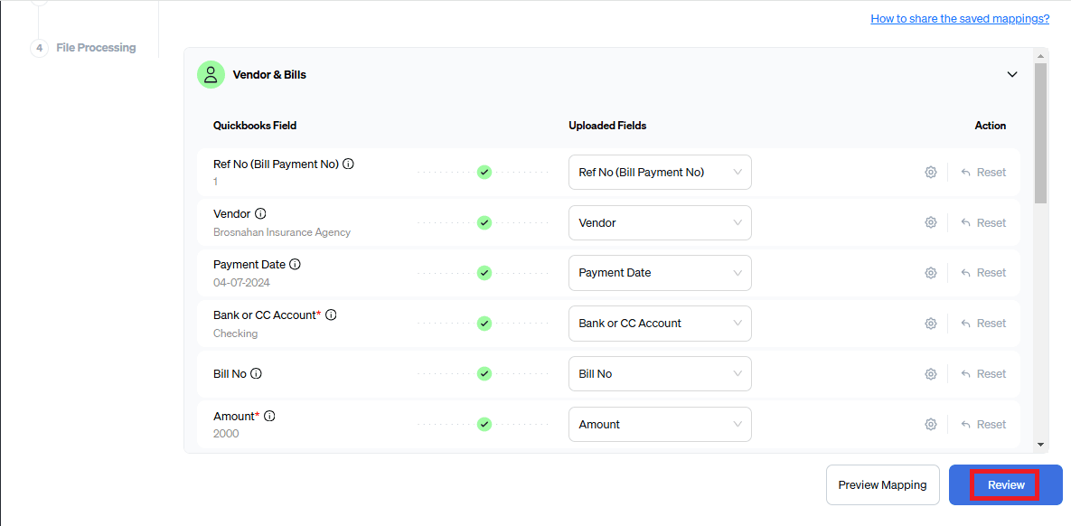 preview mapping for editing bill payments