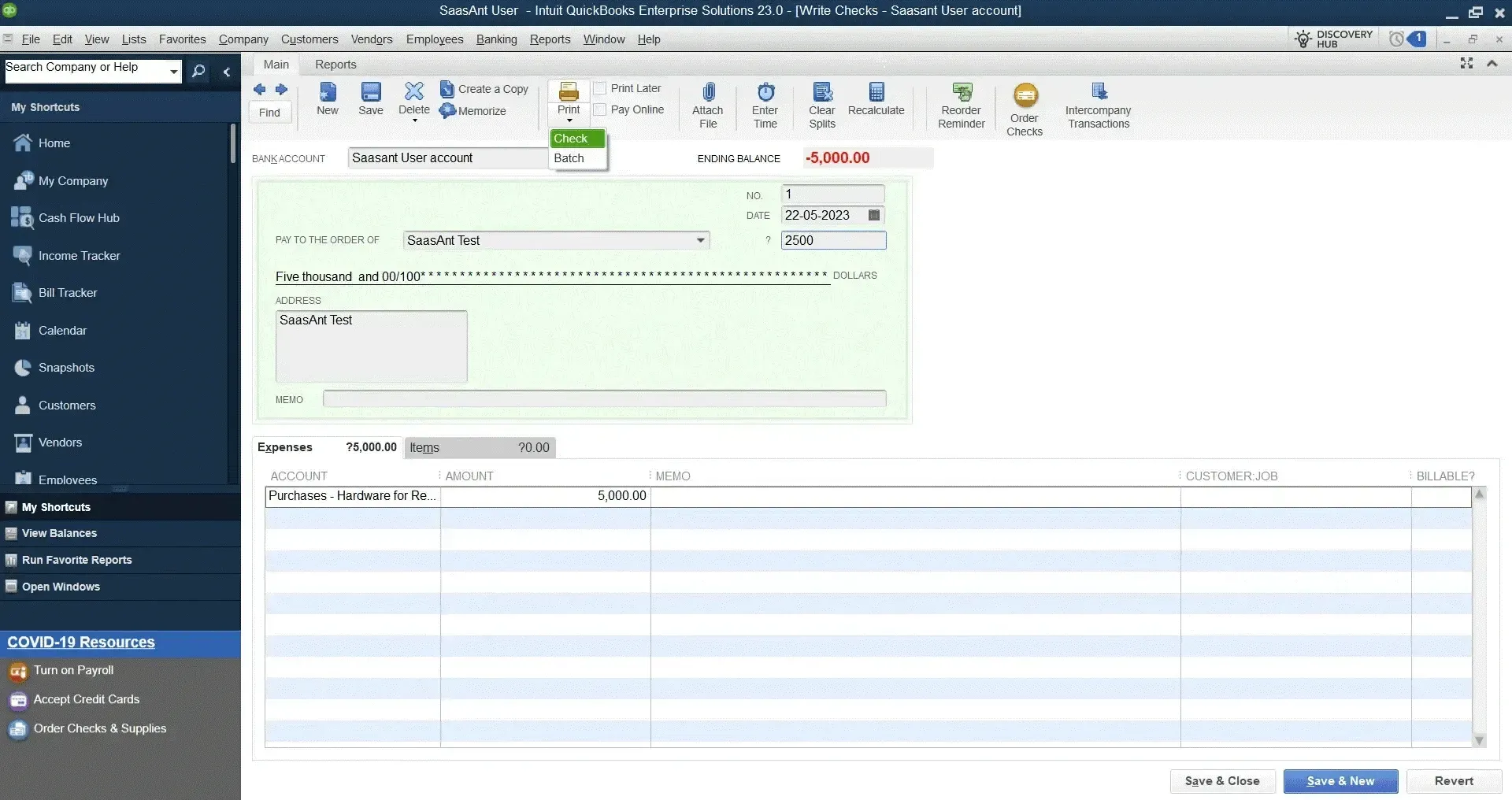 Reprint Check in QuickBooks