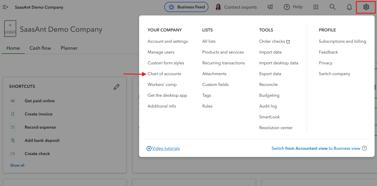 select chart of accounts to export