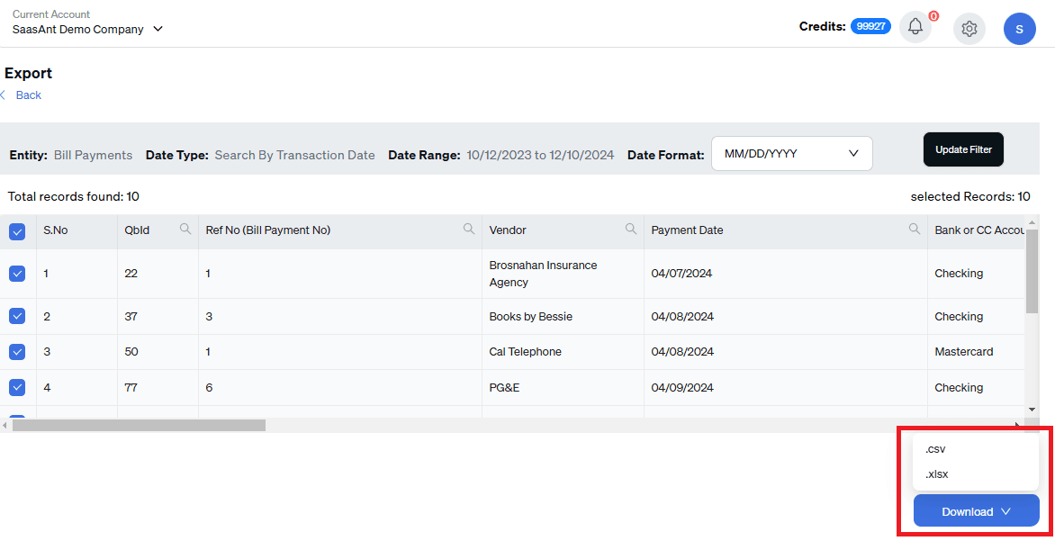 select download format to export bill payments