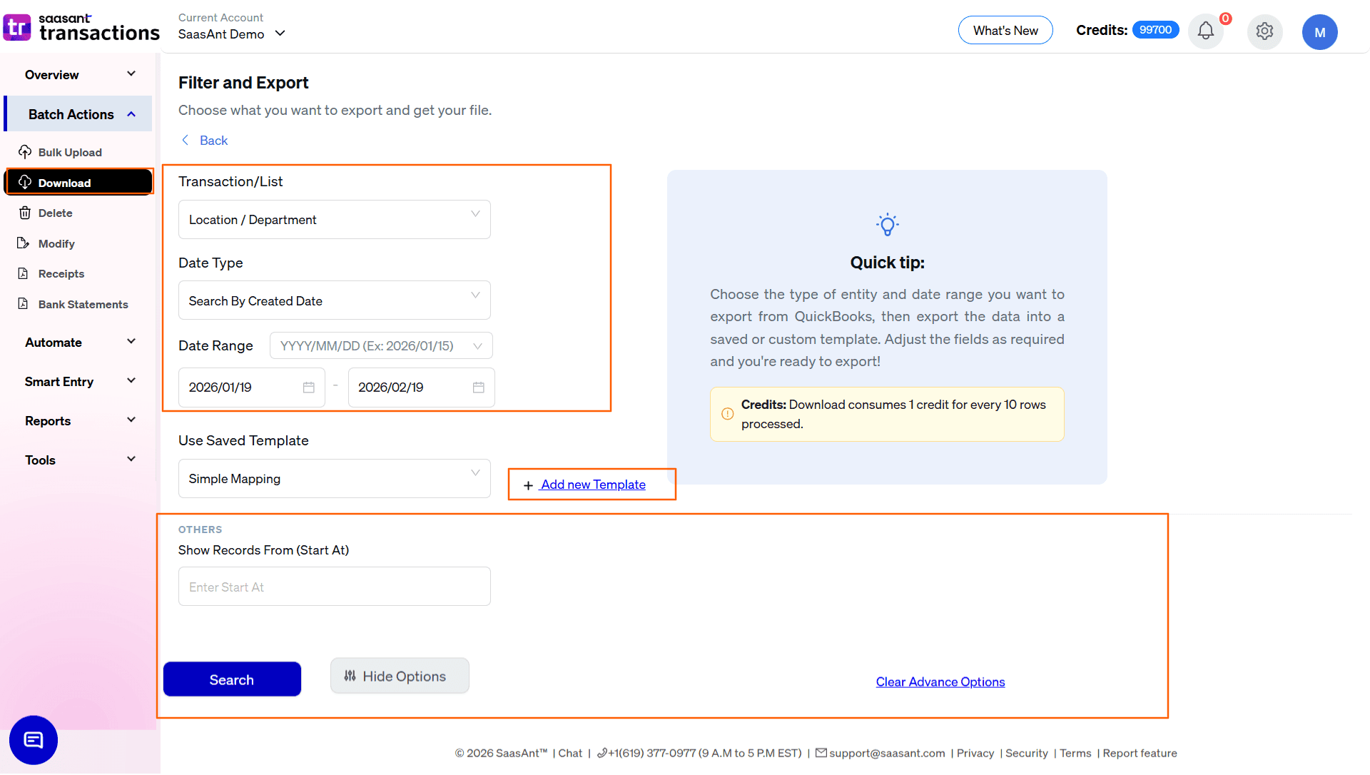 select location and department in Saasant Transactions Online.png