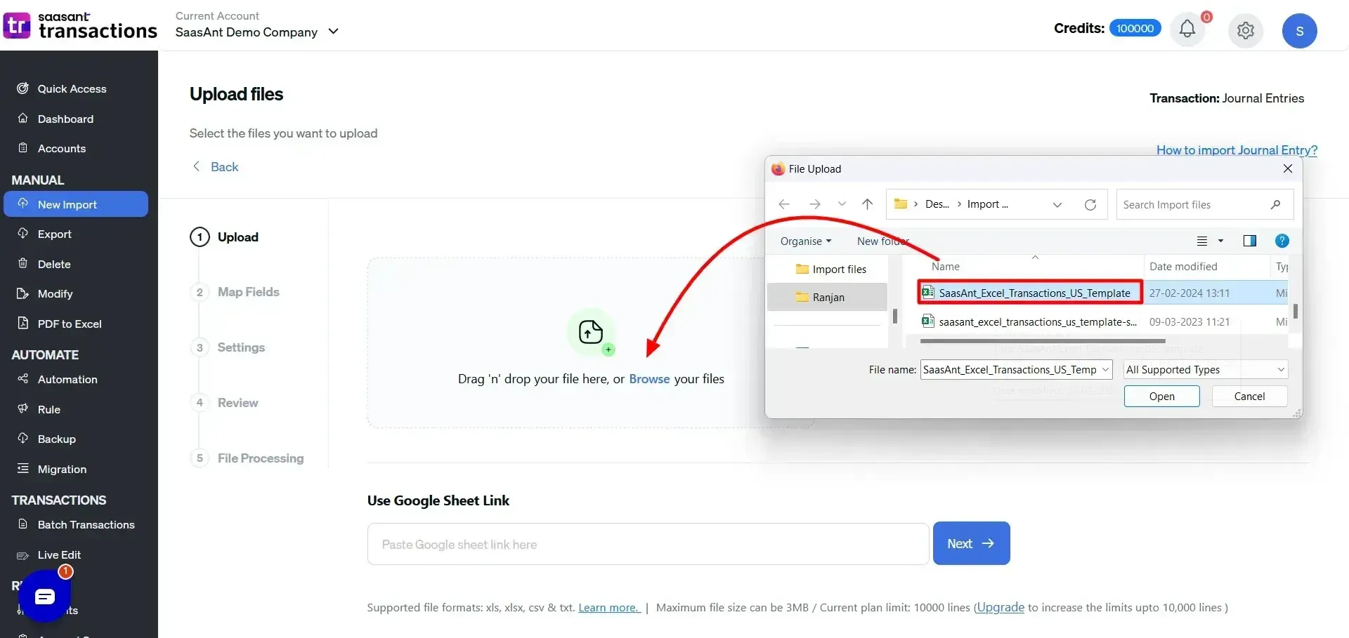 upload journal entry excel file into quickbooks using saasant.webp