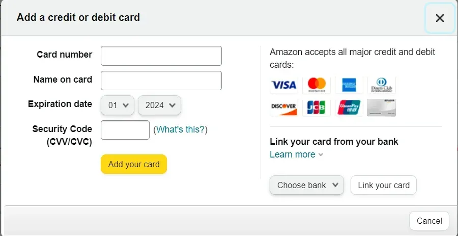Add VISA Gift card on Amazon